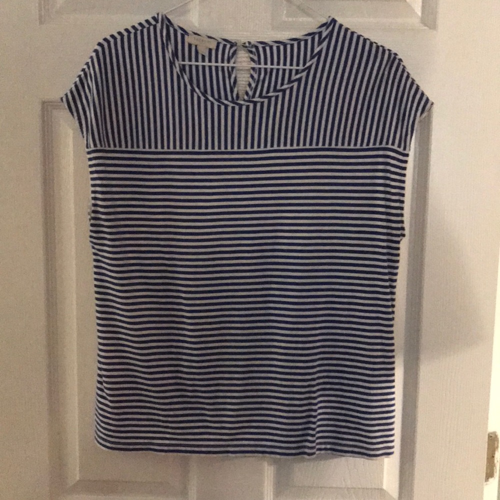 A Blue striped top with cap sleeves